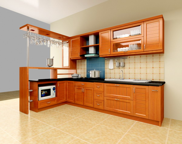 tu bep chu L bang go giang huong co quay bar1 Gợi ý lưa chọn kiểu dáng tủ bếp phù hợp với không gian gia đình